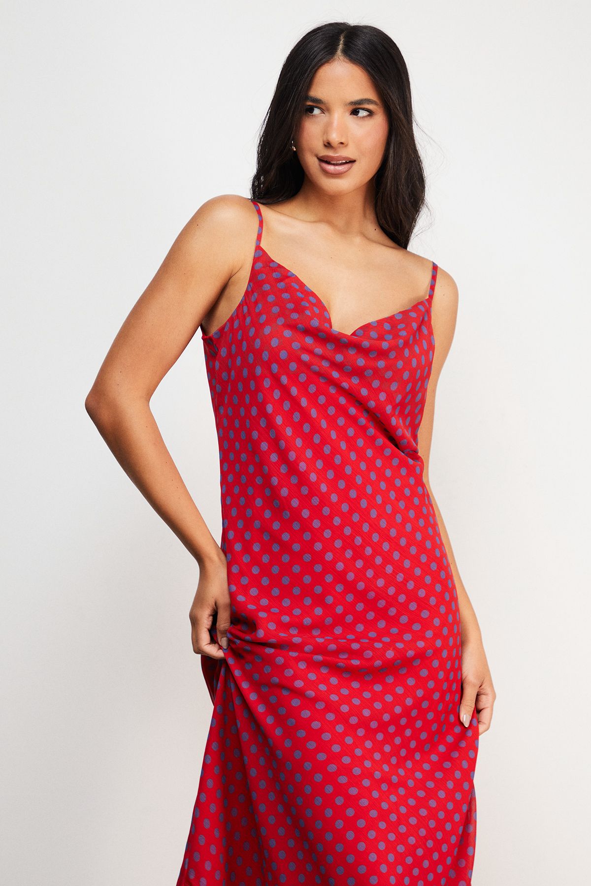 Warehouse Chiffon Spot Print Cowl Bias Strappy Maxi Dress Red image 4