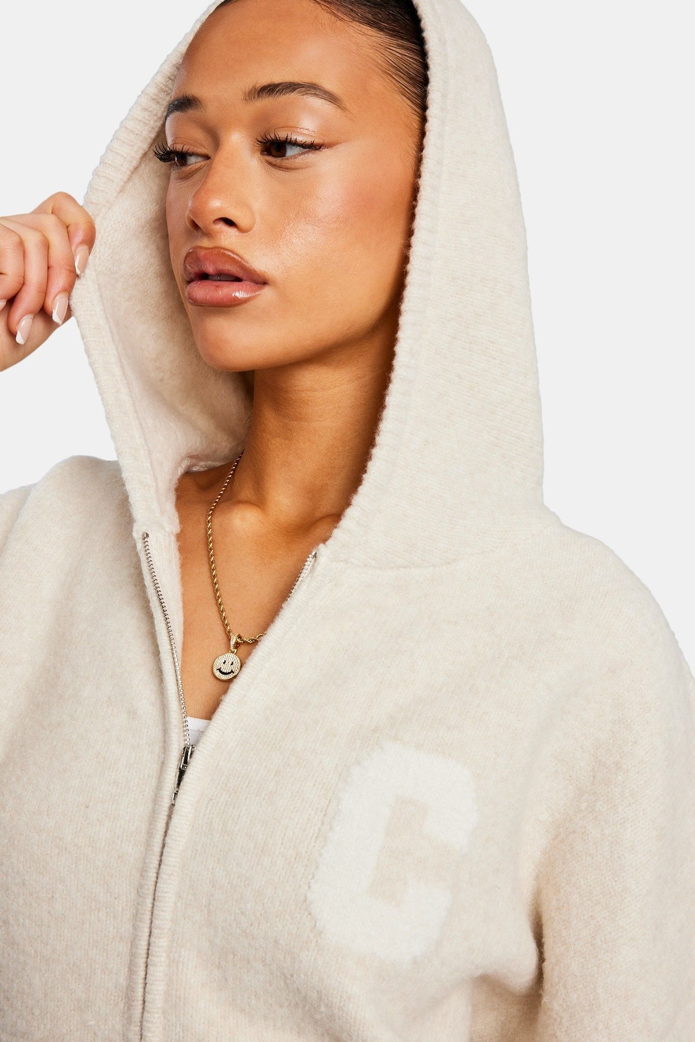 Cernucci Hooded Zip Through Knitted Jumper - Oatmeal image 4