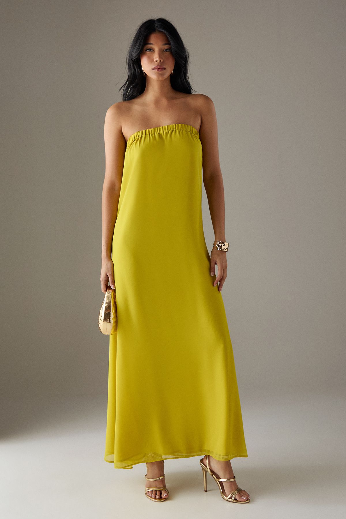 Warehouse Yoryu Chiffon Elasticated Back Bandeau Maxi Dress Chartreuse image 2