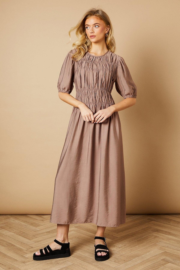 Oasis Shirred Bodice Puff Sleeve Midi Dress Stone