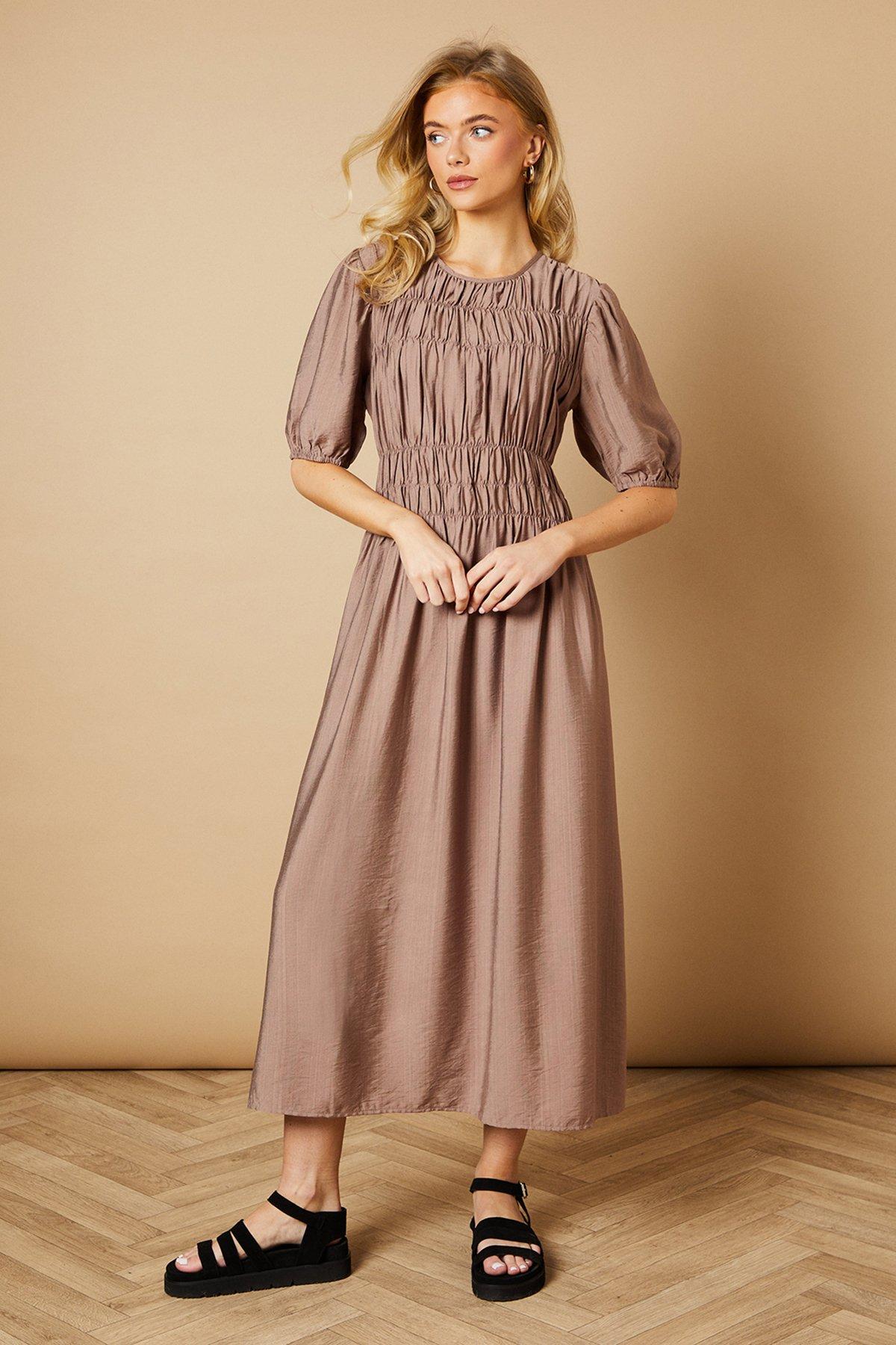 Oasis Shirred Bodice Puff Sleeve Midi Dress Stone image 1