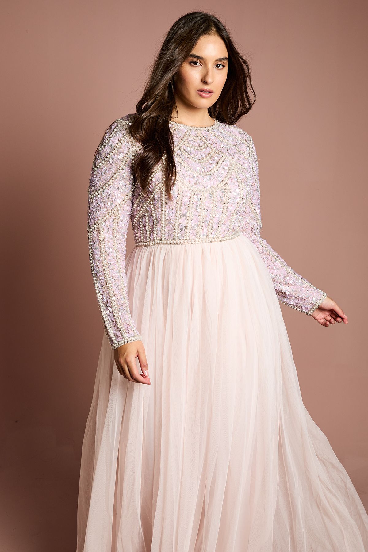 Coast Plus Size Pearl Embellished Bodice Bridesmaid Tulle Skirt Dress Pale Pink image 4