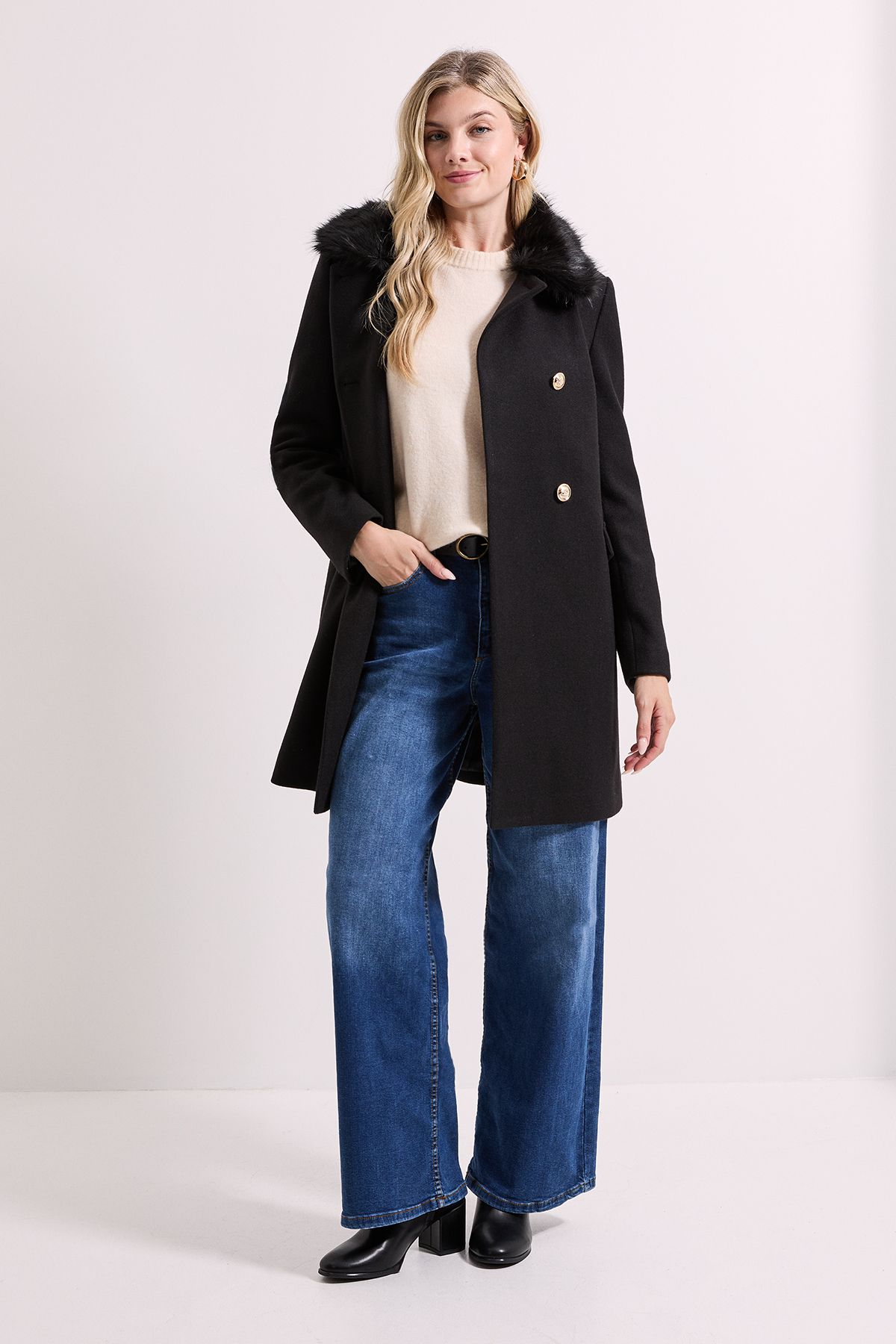 Dorothy Perkins Faux Fur Collar Dolly Coat Black image 1