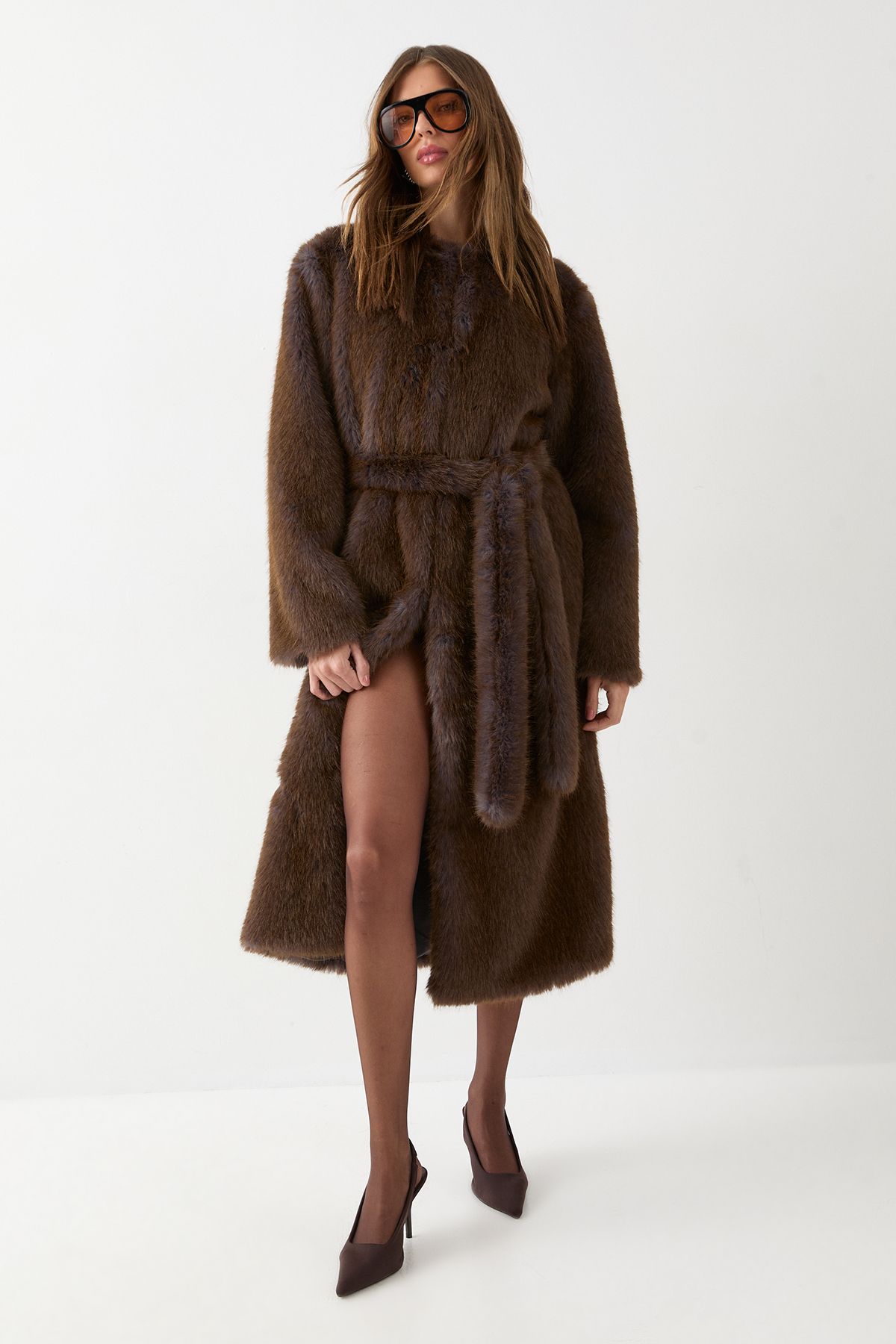 MissPap Premium Belted Tipped Fur Coat Olive image 4