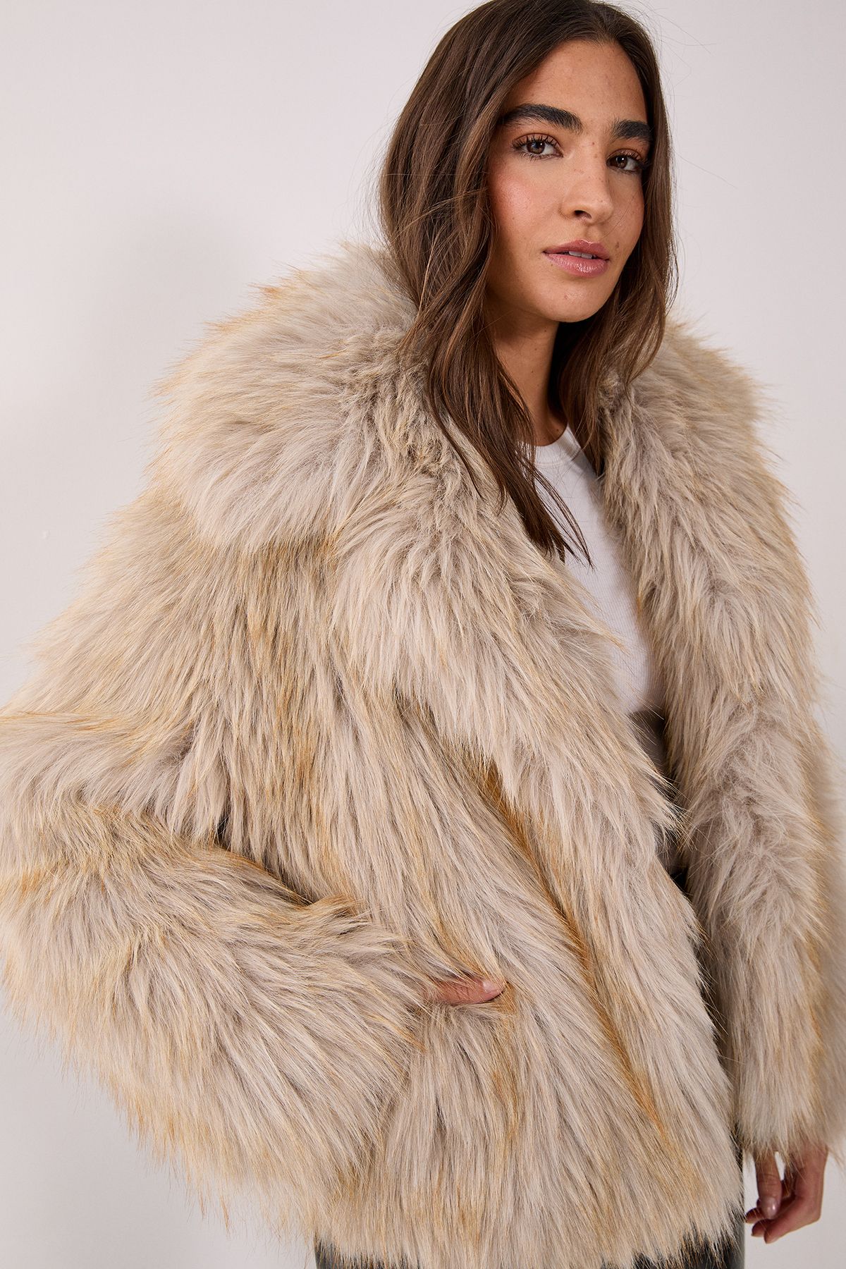 NastyGal Faux Fur Collared Cropped Coat Ecru image 1