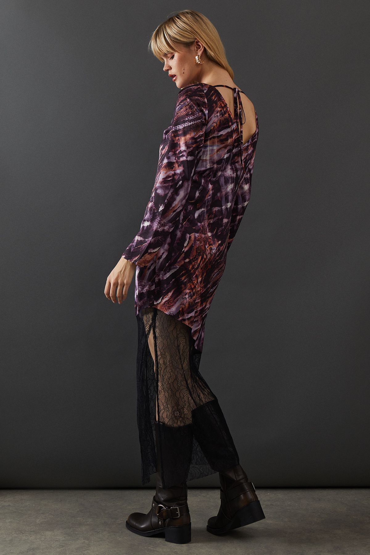 Warehouse Marble Satin Column Lace Panel Midi Dress Multi image 3