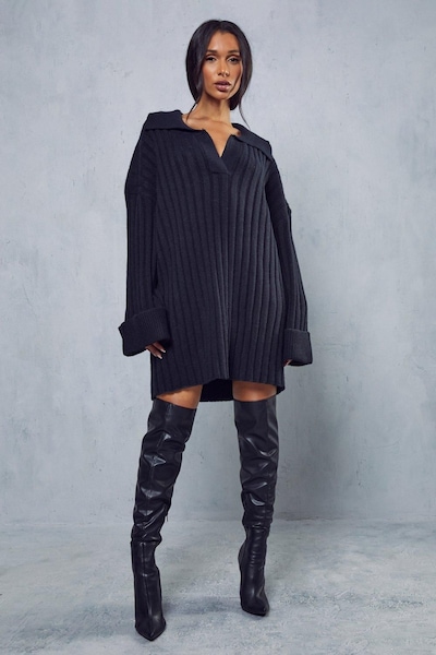 MissPap Rib Knit V Neck Collared Mini Dress Black