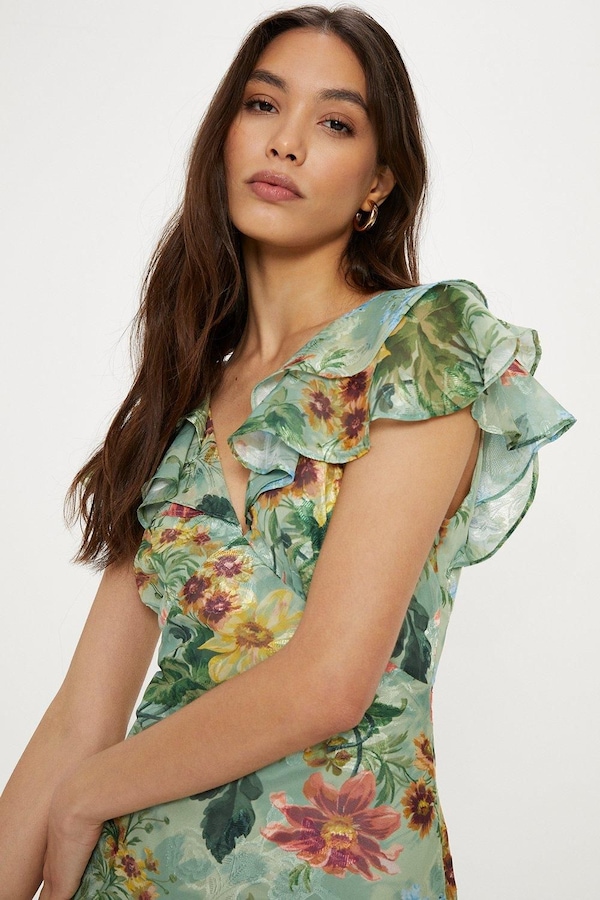 Oasis Soft Floral Satin Burnout Ruffle Midi Dress Sage