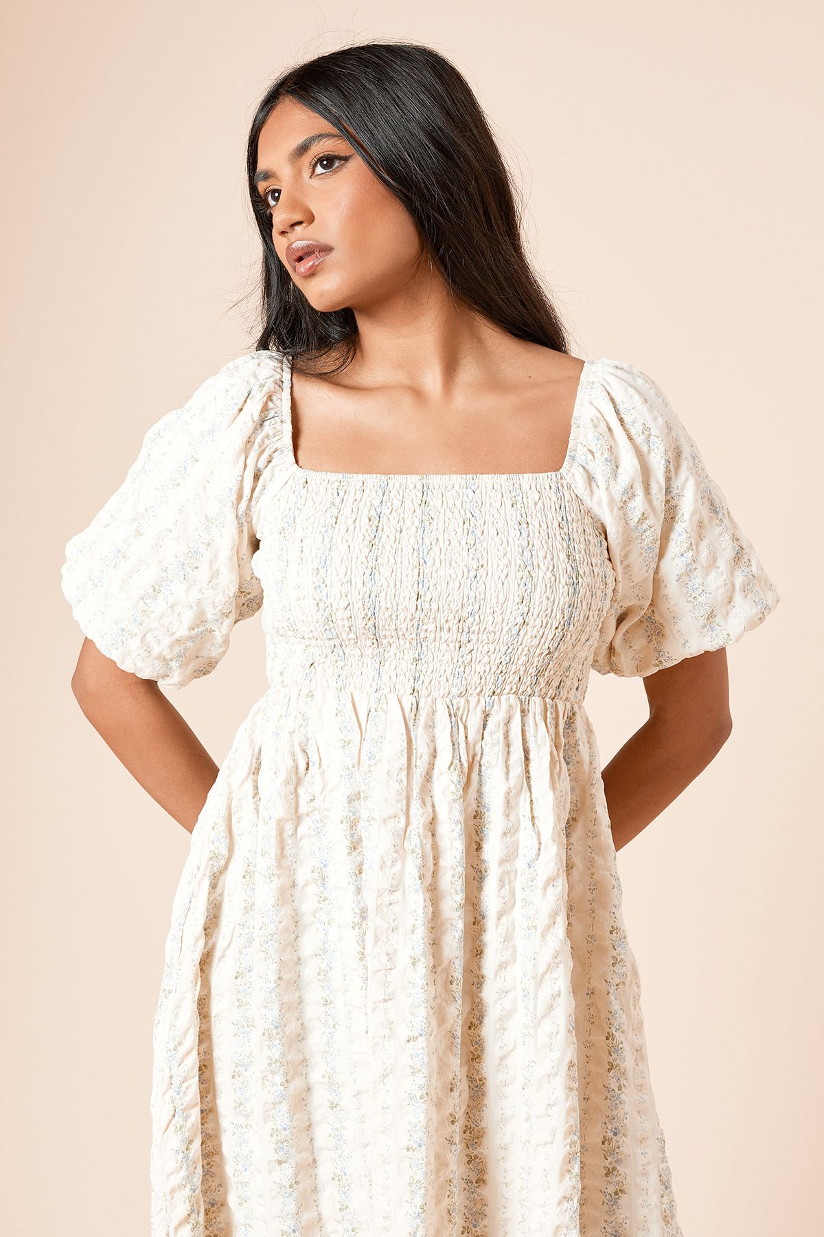 Dorothy Perkins Petite Blue Floral Textured Shirred Bodice Midi Dress Floral image 2