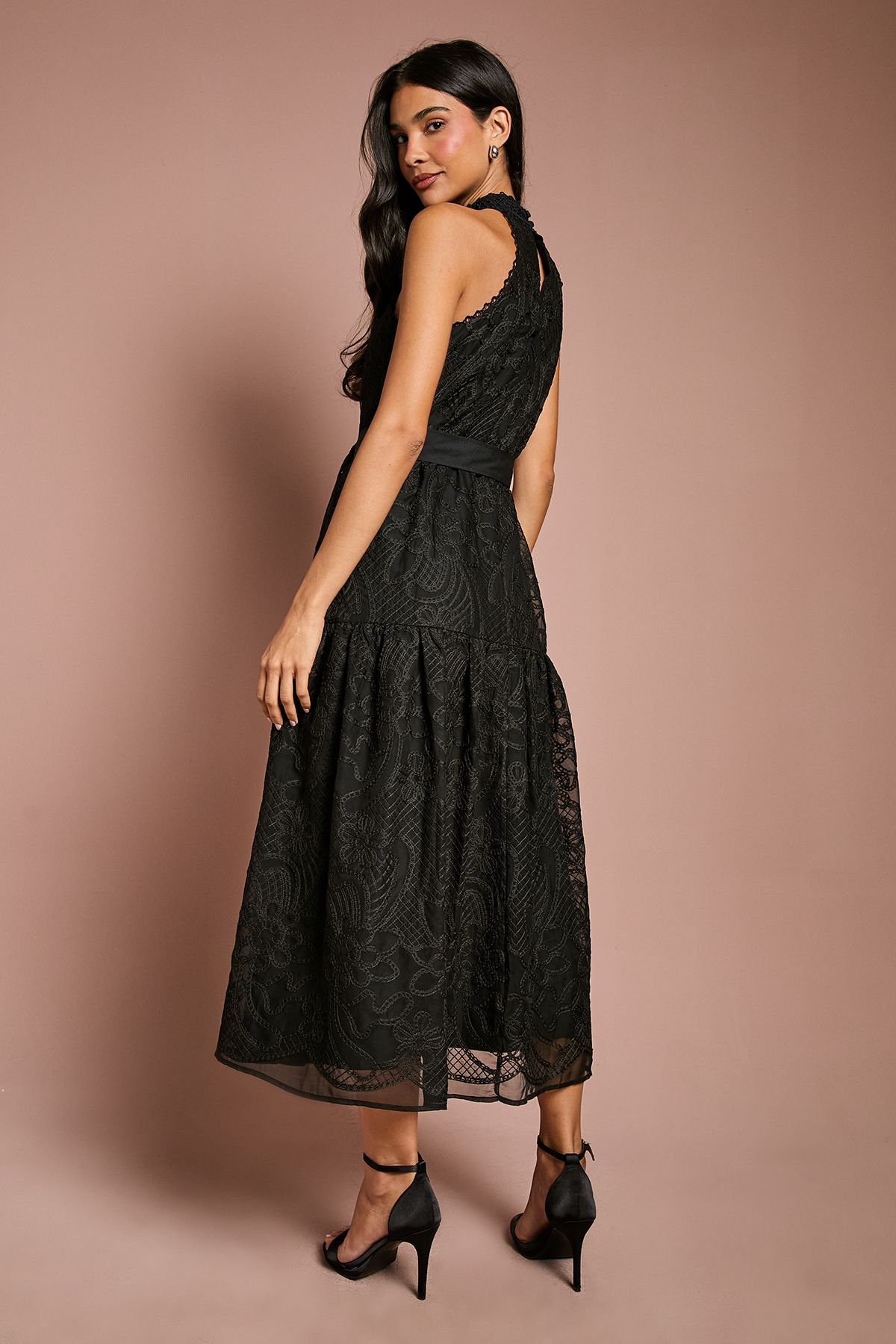 Coast Lace Organza Belted Halter Midi Dress Black image 3
