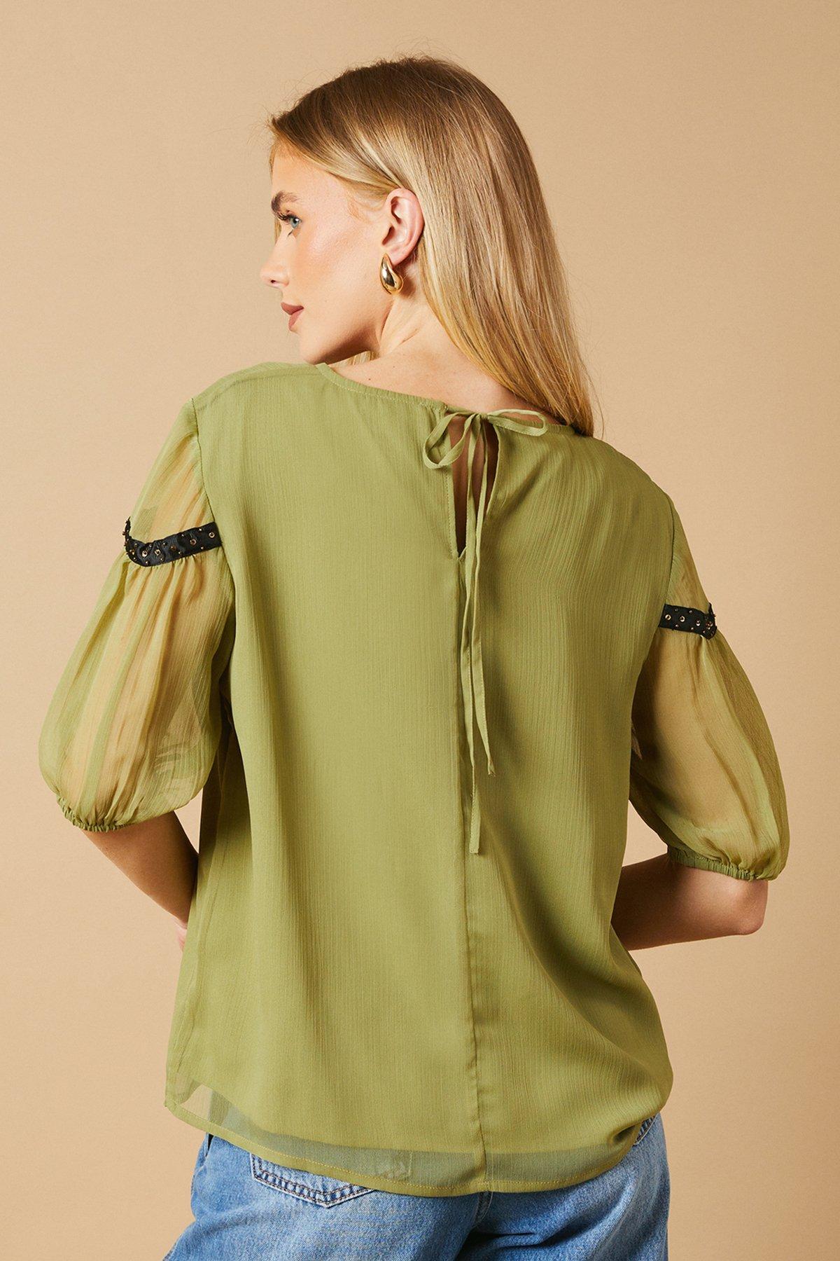 Oasis Hand Embellished Trim scoop Neck Half Sleeve Blouse Khaki image 3