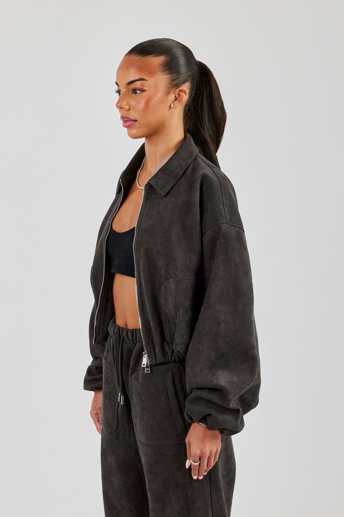 Cernucci Suede Collared Bomber Jacket - Charcoal image 3