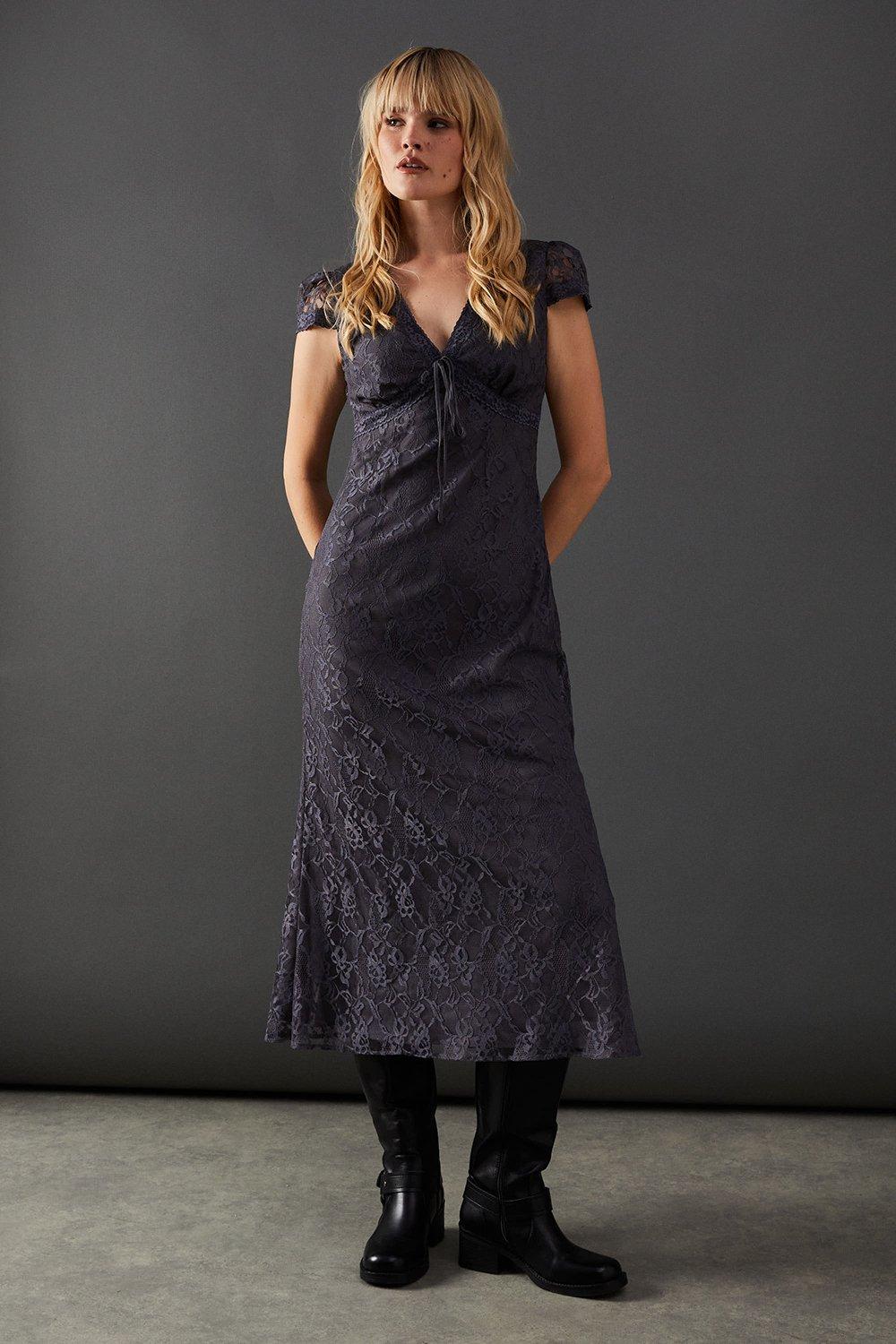 Warehouse Lace Cap Sleeve Bow Front Midi Tea Dress Charcoal image 1