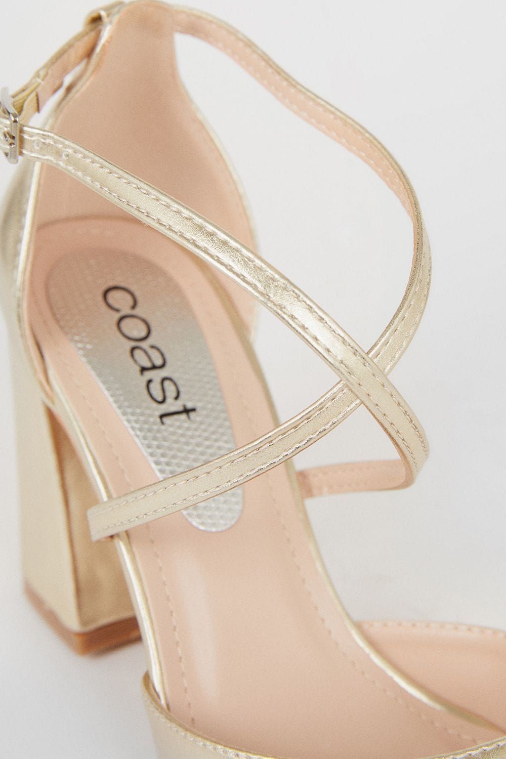 Coast Treat Faux Leather  Cross Strap Pointed Block Heel Court Shoes Gold image 3