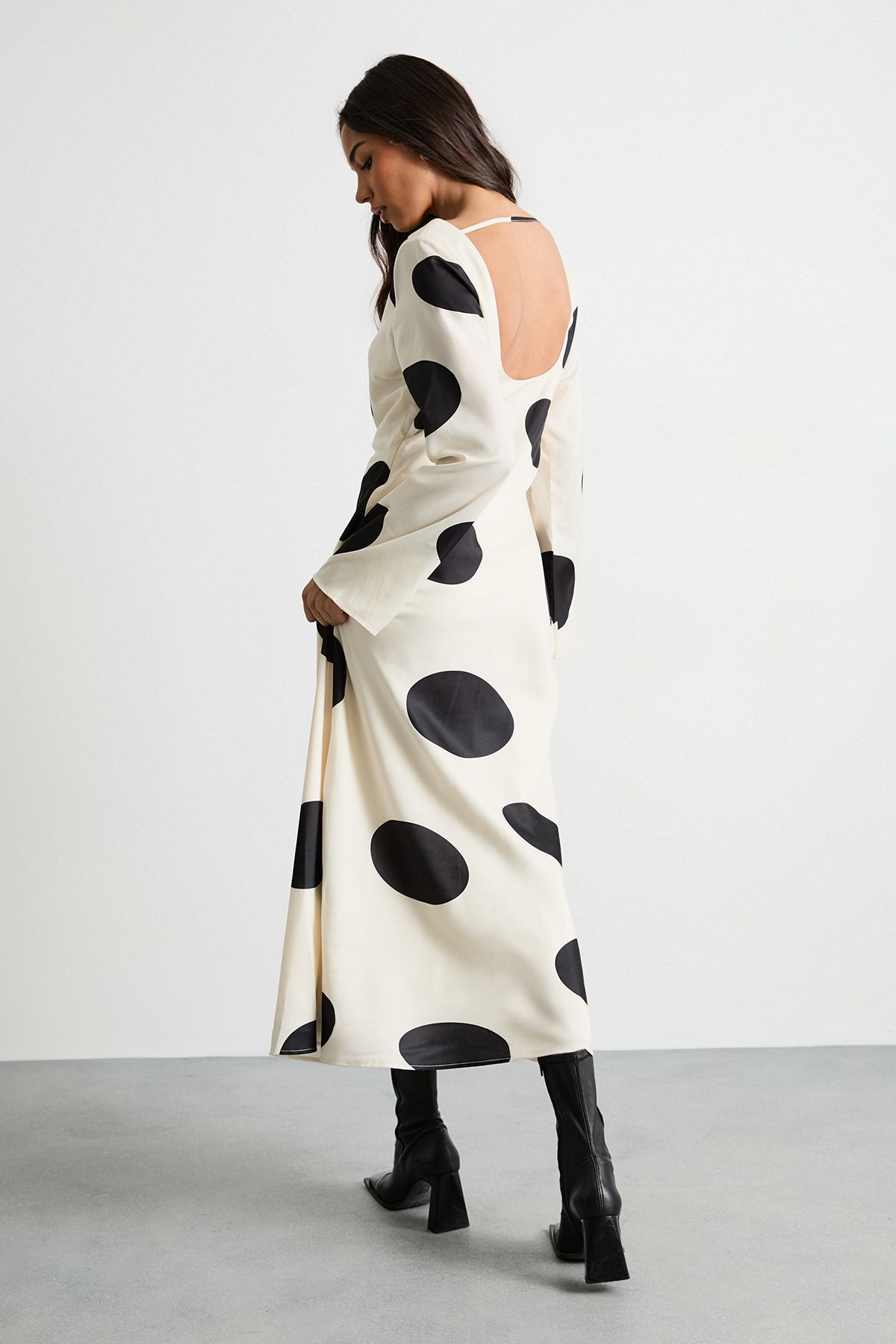 Warehouse Polka Dot Scoop Back Long Sleeve Maxi Dress Ivory image 3