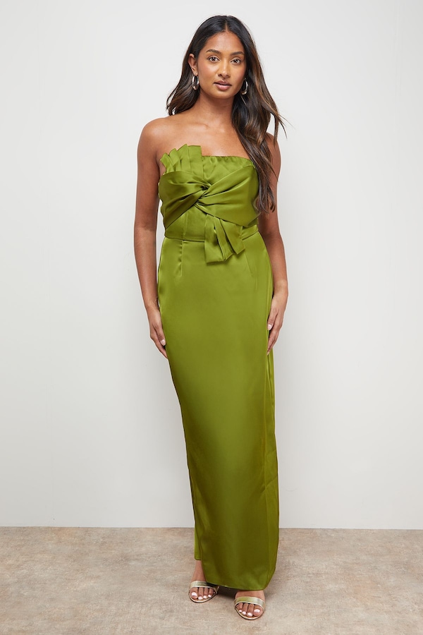 Oasis Satin Bow Front Bandeau Midi Dress Olive