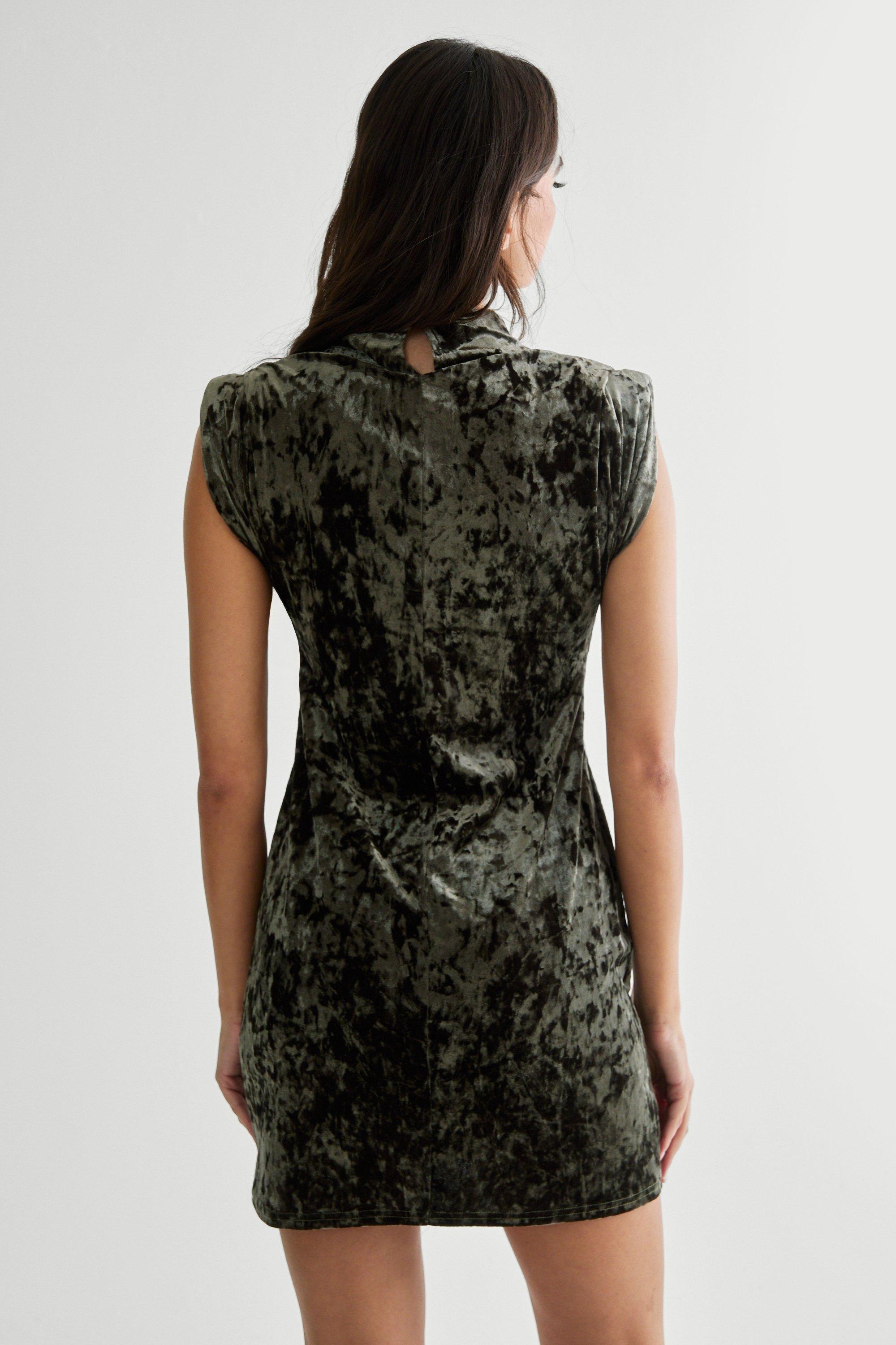 NastyGal Velvet Slinky Shoulder Pad Mini Dress Khaki image 4
