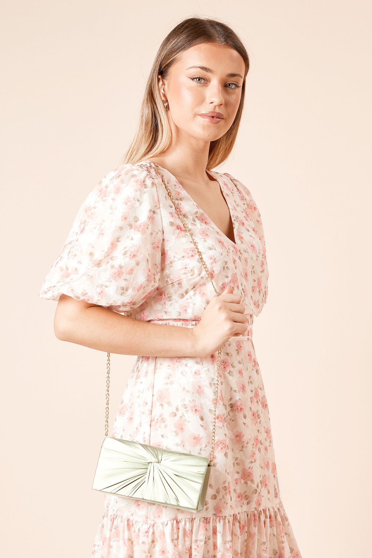 Dorothy Perkins Beauty Twist Front Satin Clutch Bag Olive image 1