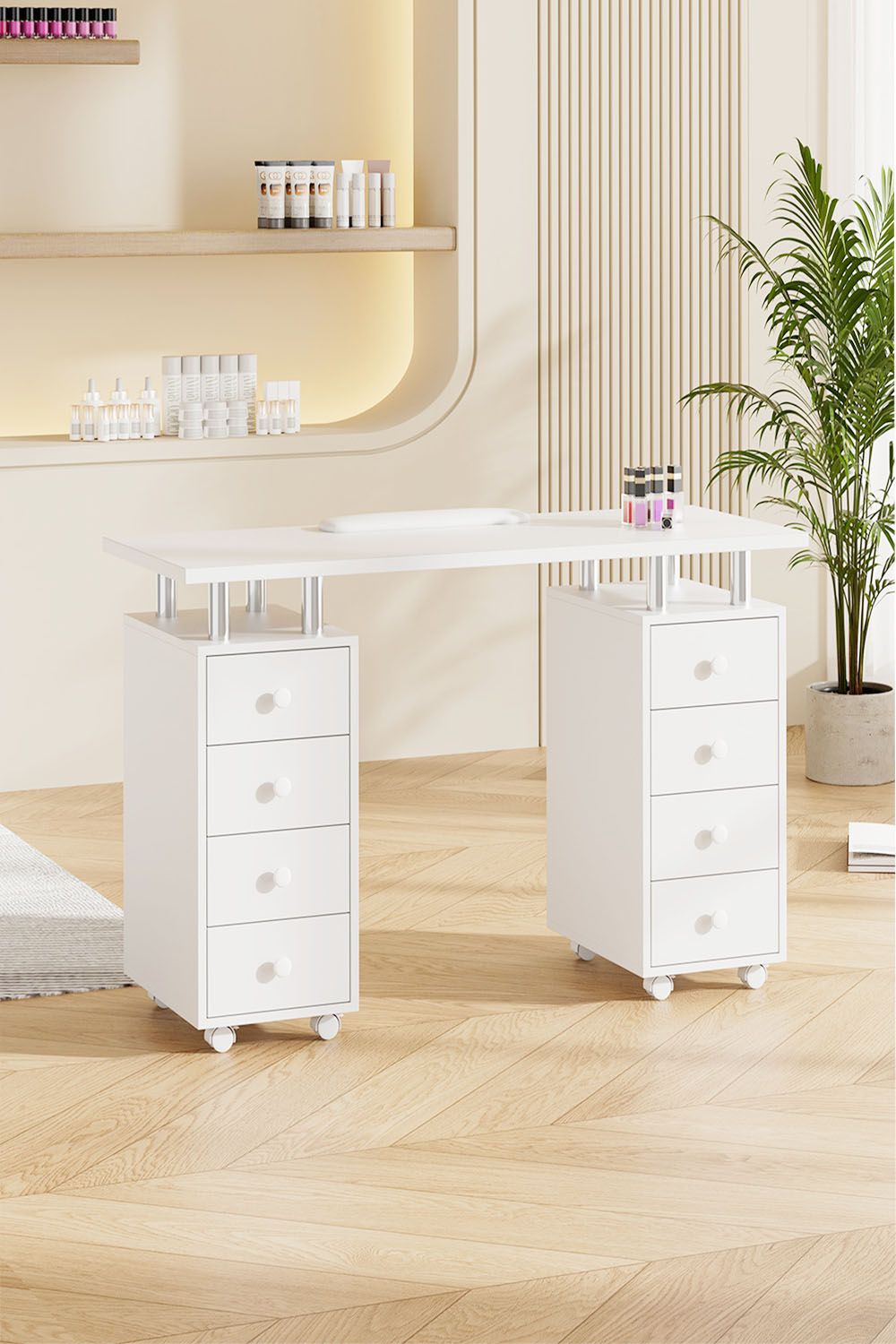 Living and Home Fashion Makeup Desk Dresser Manicure Table Nail Desk with Rolling Wheels For Spa Beauty Salon & Home image 2