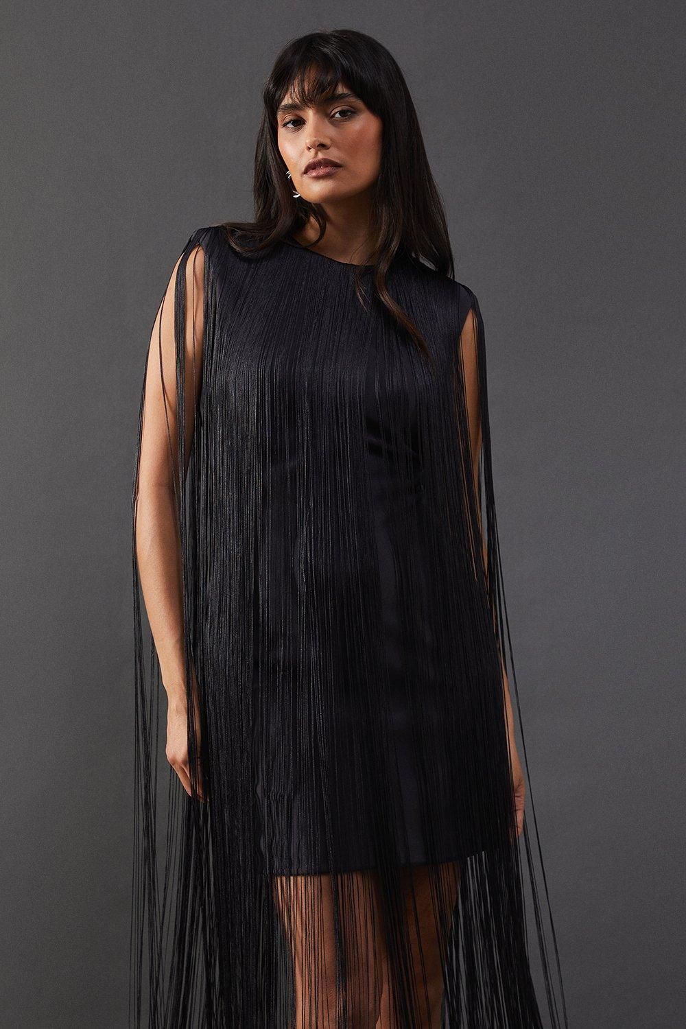 Warehouse Premium Fringe Sleeveless Mini Dress Charcoal image 2