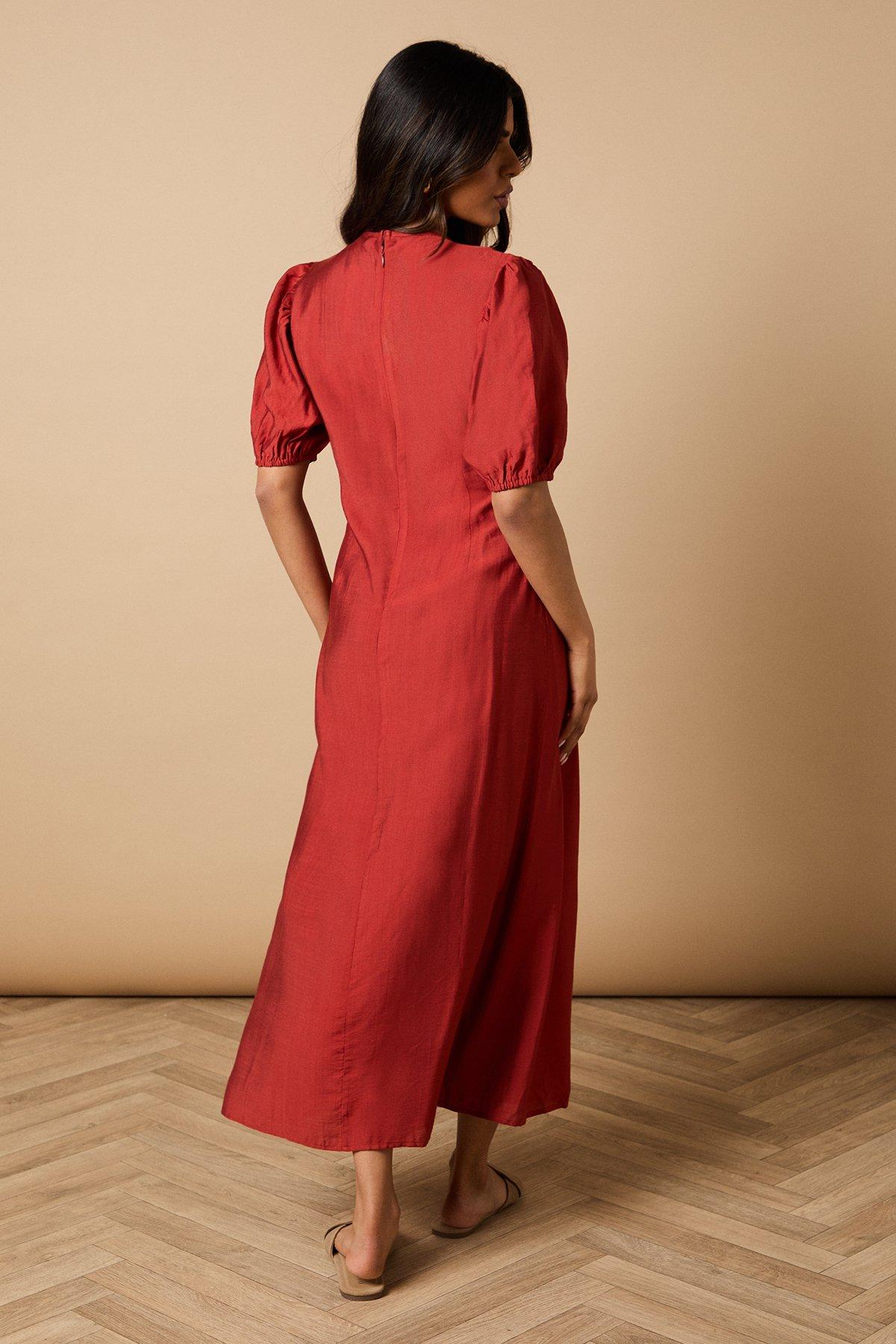 Oasis Petite Shirred Bodice Puff Sleeve Midi Dress Brick image 3