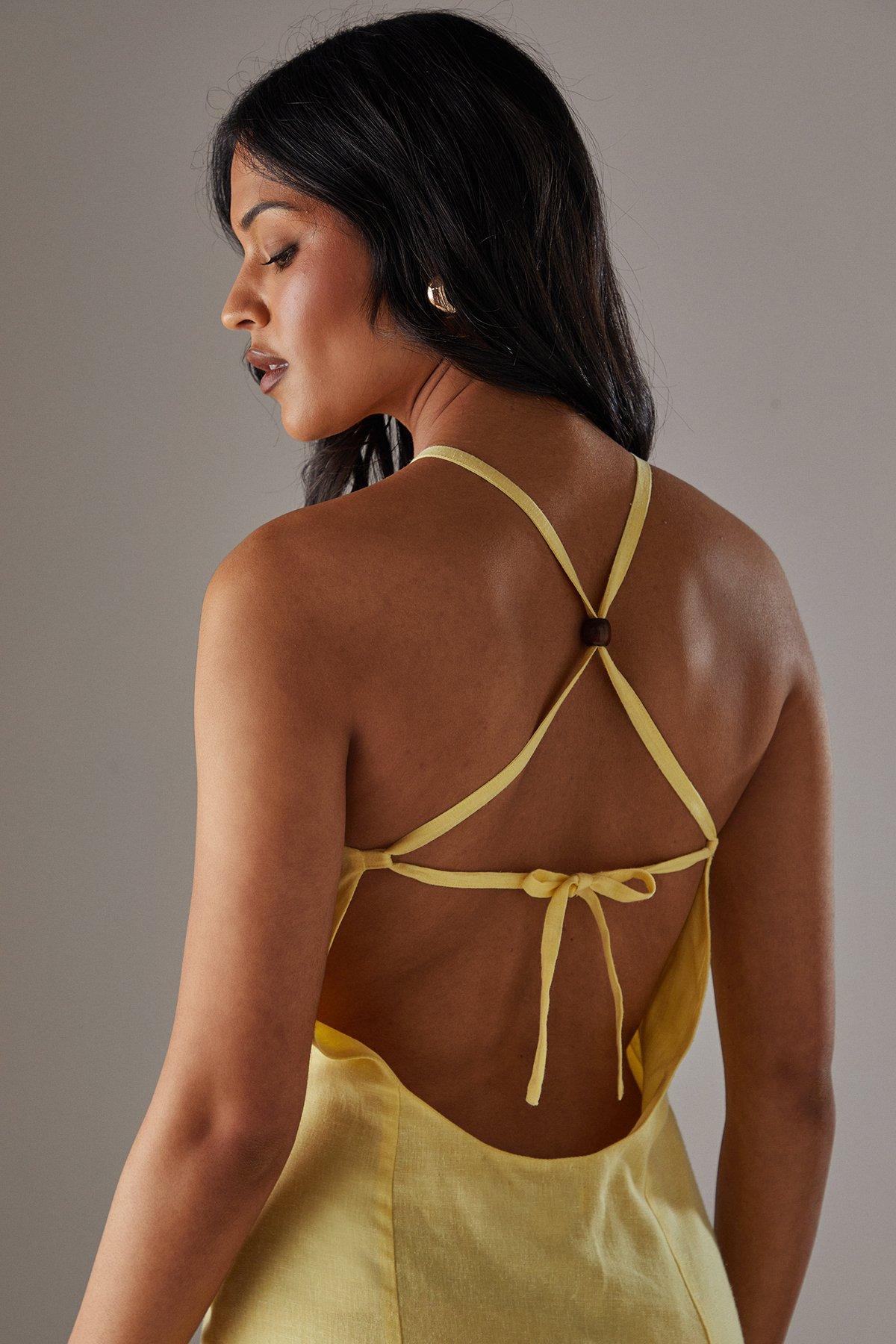 Warehouse Premium Linen Blend Racer Tie Back Midi Dress Yellow image 4