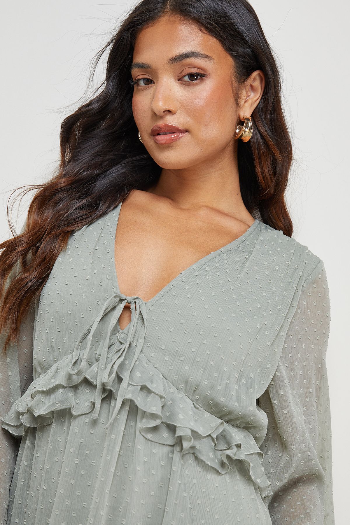 Warehouse Petite Dobby Chiffon Plunge Neck Ruffle Midi Smock Dress Khaki image 4