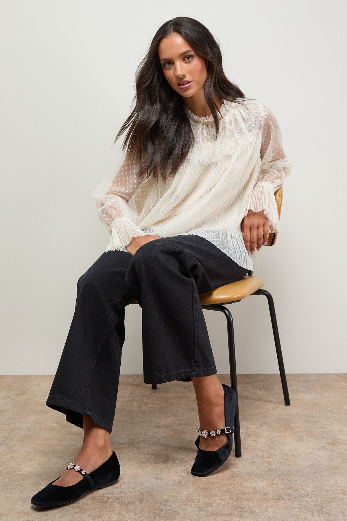 Oasis Jem Velvet Flower Brooch Detail MaryJane Ballet Pump Black image 2