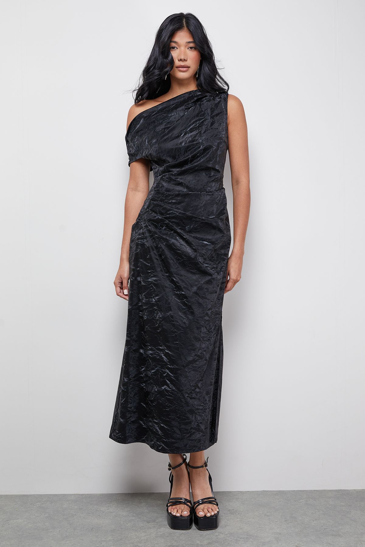 Warehouse Faux Crinkle Leather Fallen Shoulder Ruched Waist Midi Dress Black