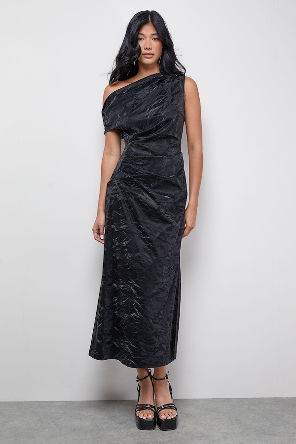 Warehouse Faux Crinkle Leather Fallen Shoulder Ruched Waist Midi Dress Black