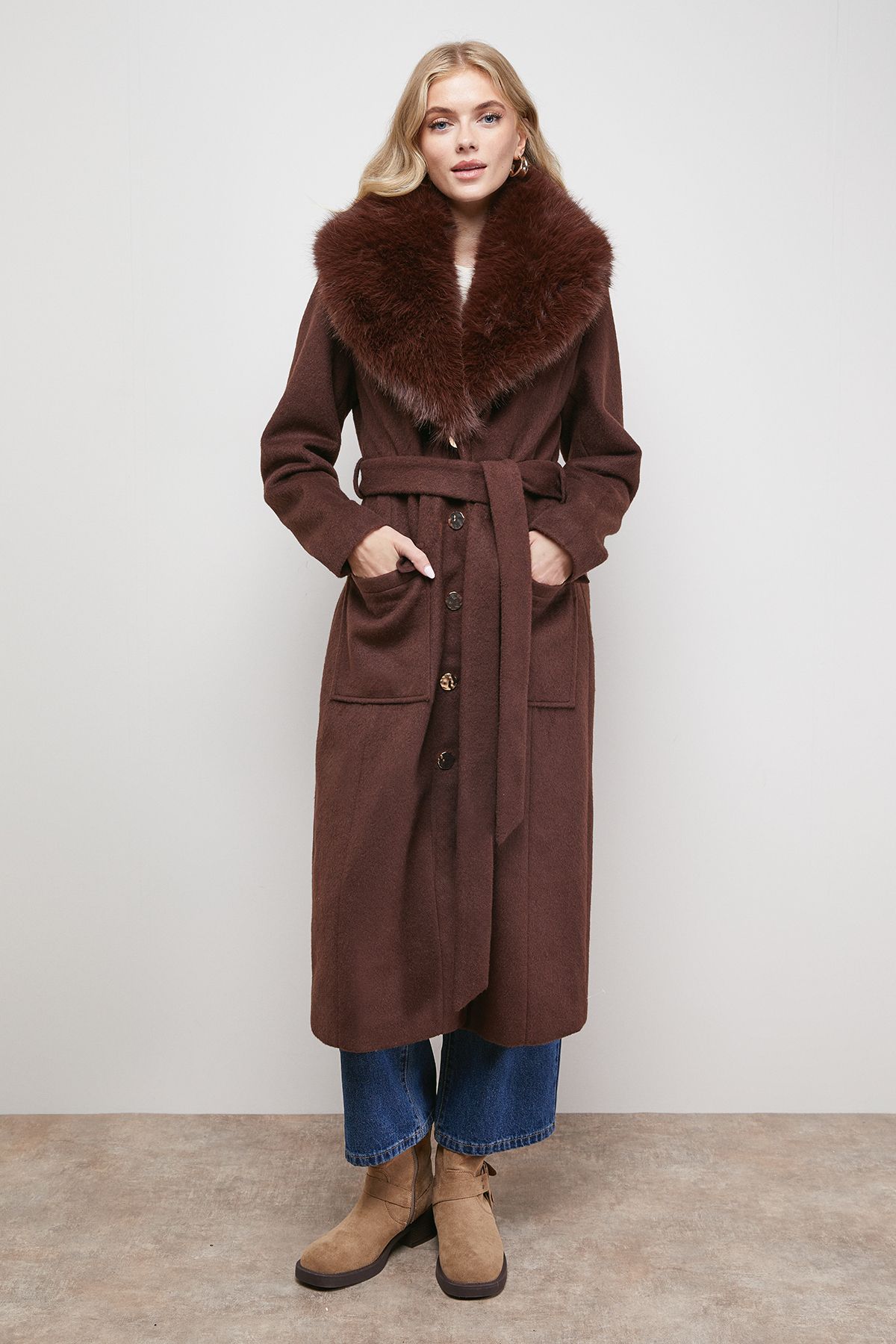 Oasis Buckle Detail Faux Fur Collar Belted Coat Chocolate image 4