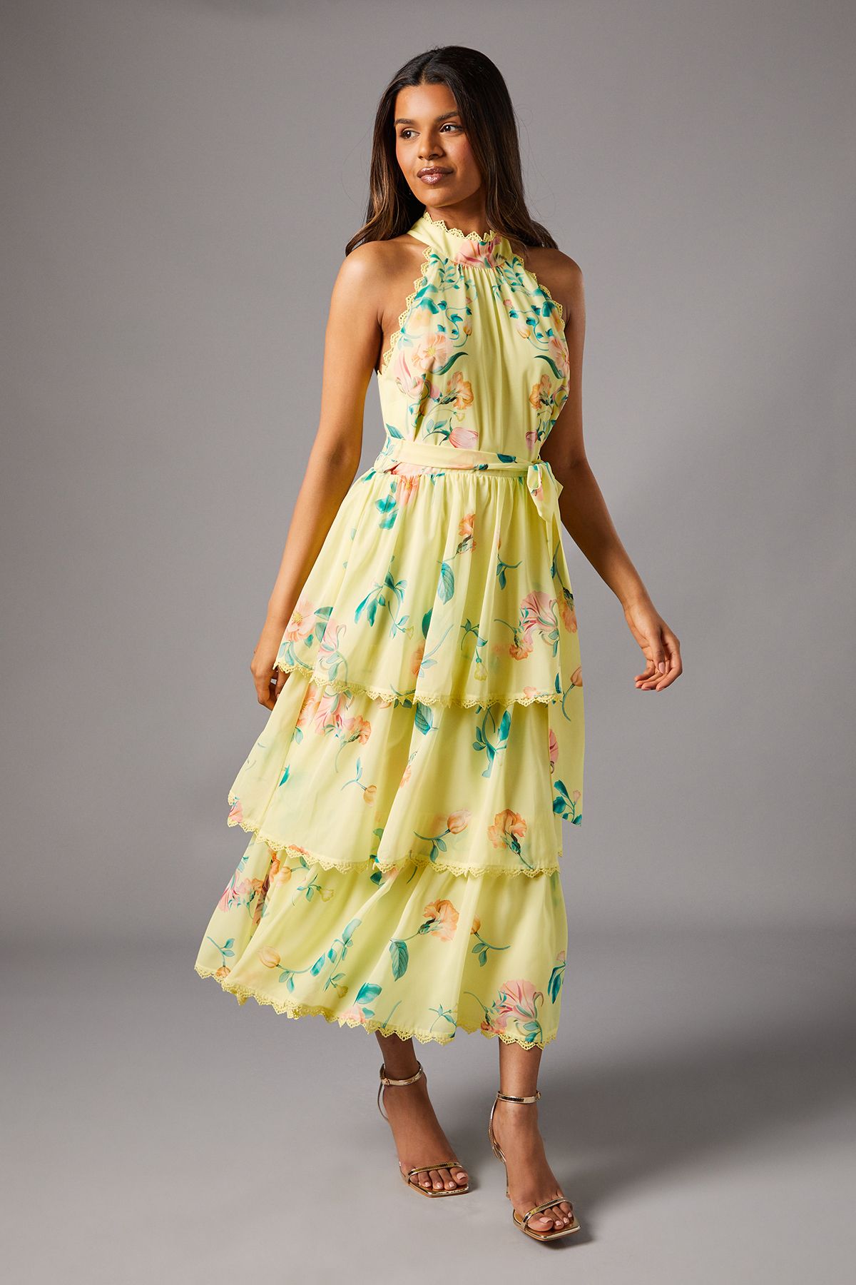 Coast Petite Sleeveless Halter Chiffon Midi Tiered Dress Lemon