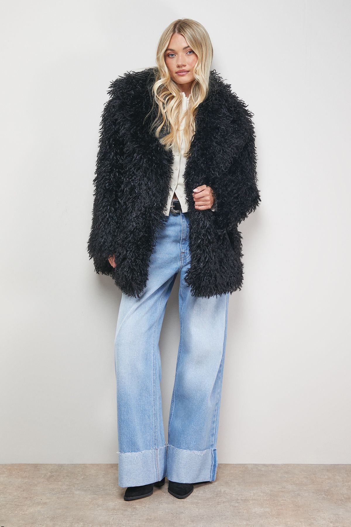 Oasis Mongolian Faux Fur Short Coat Black