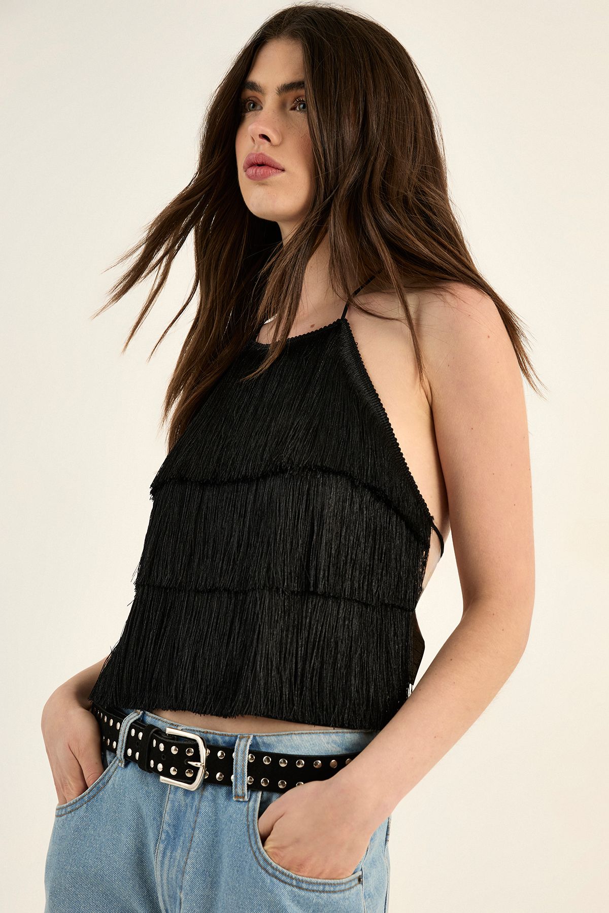 NastyGal Fringe Halter Neck Top Black image 1
