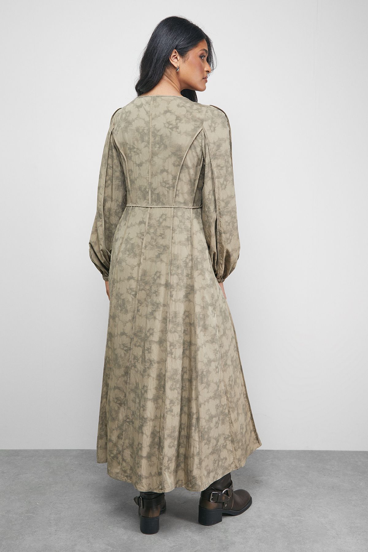 Warehouse Washed Seam Detail Plunge Neck Midi Dress Brown image 3