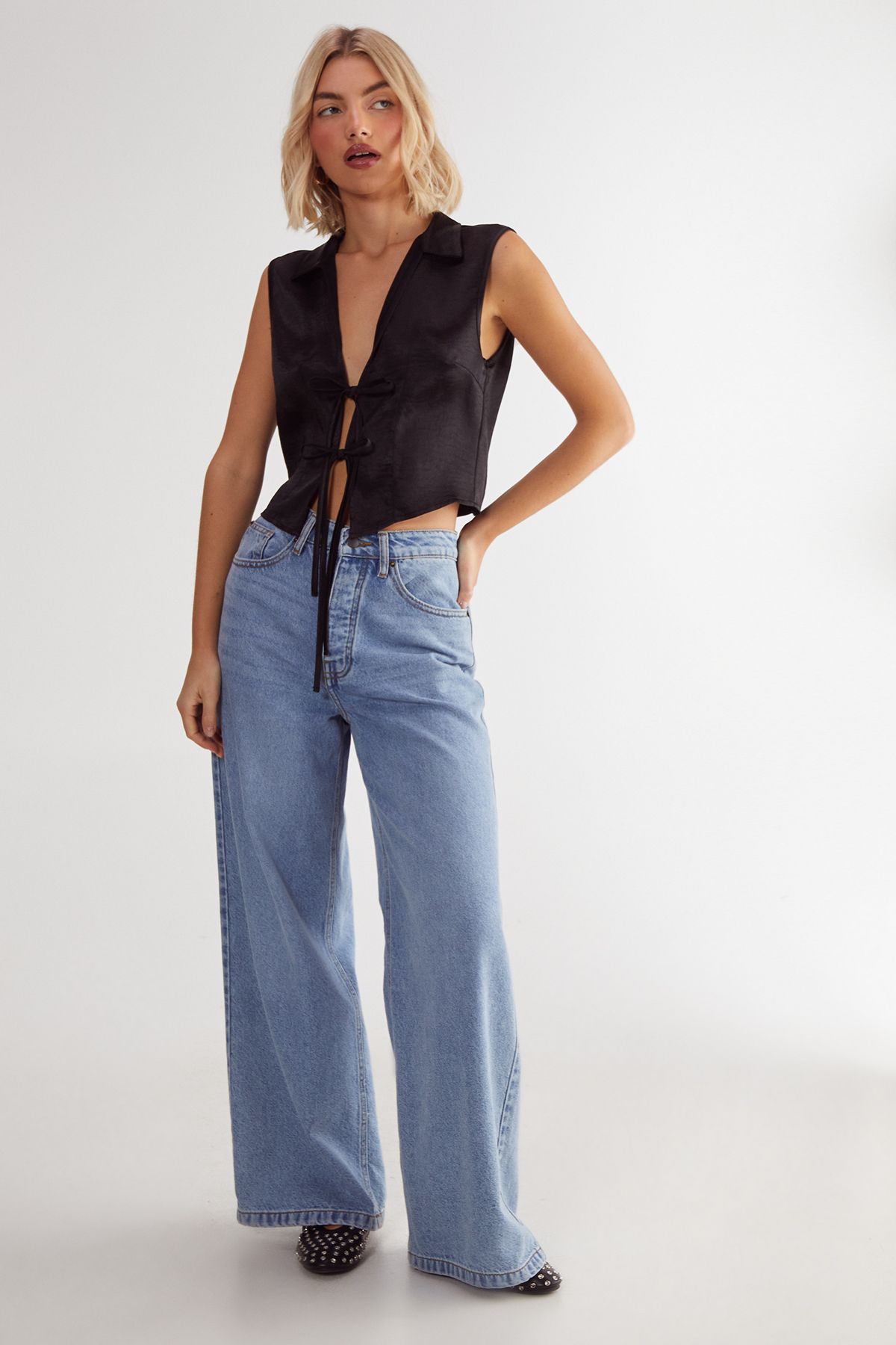 NastyGal Textured Satin Tie Front Collared Top Black image 3