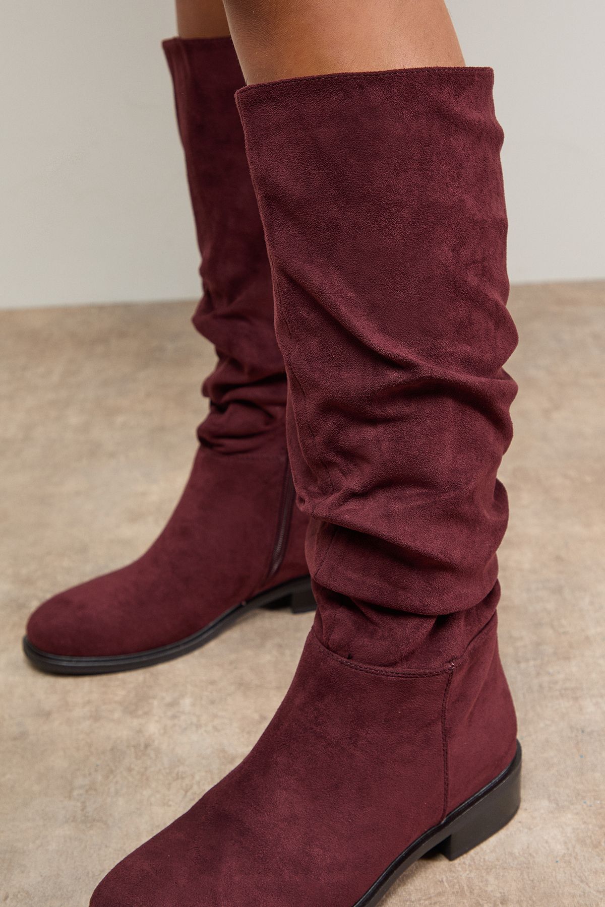Dorothy Perkins Hazel Faux Suede Ruche Flat Knee Boots Burgundy image 4