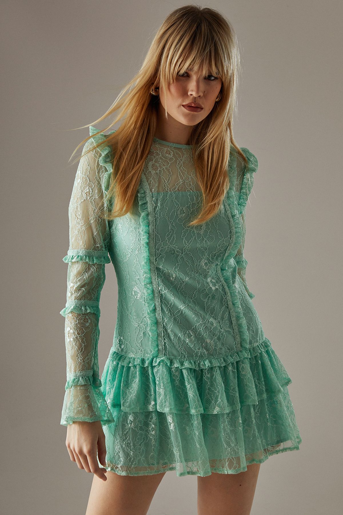 Warehouse Lace Ruffle Insert Mini Dress Sage image 1