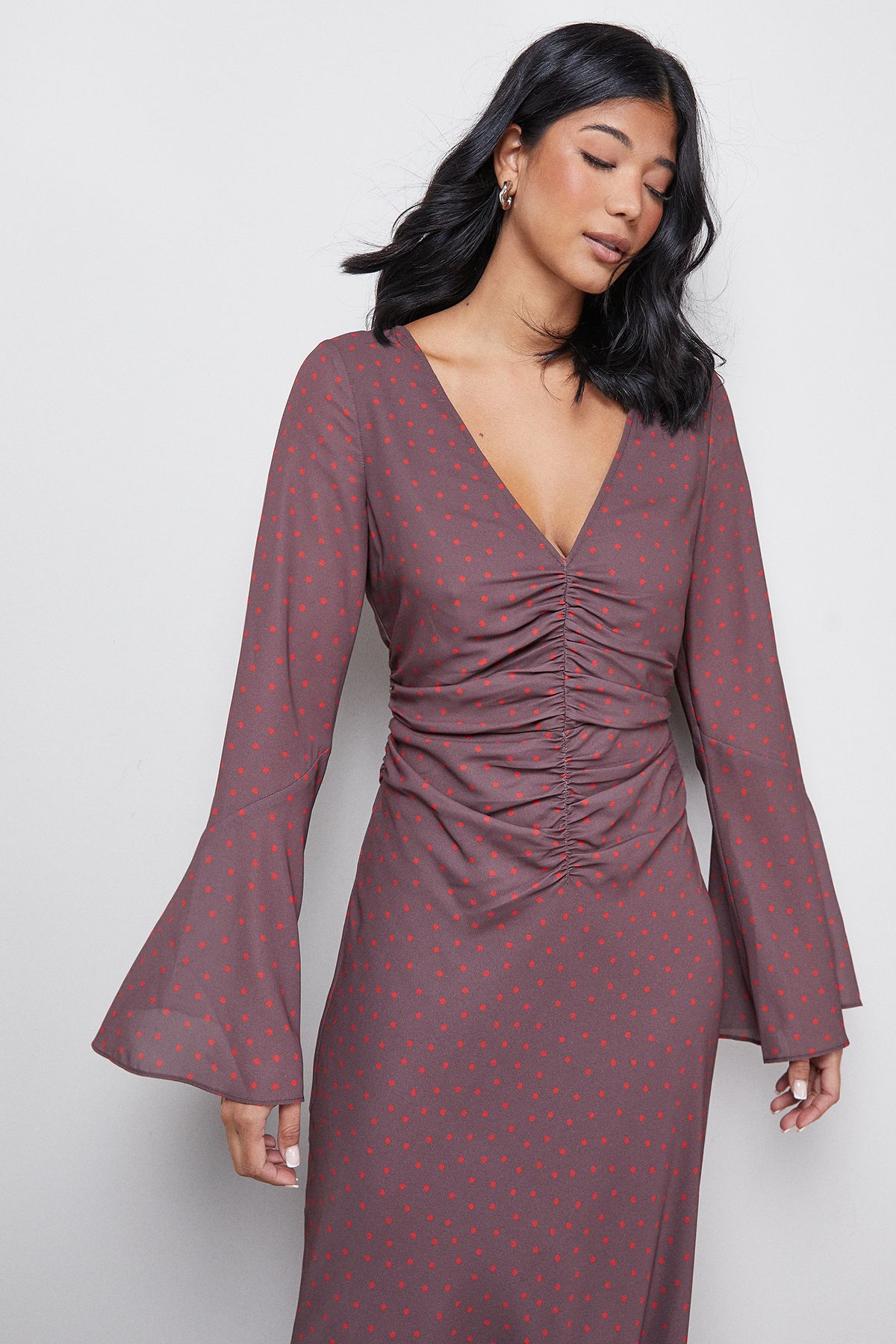 Warehouse Premium Georgette Ruched Front Flutter Cuff Maxi Dress Chocolate image 2