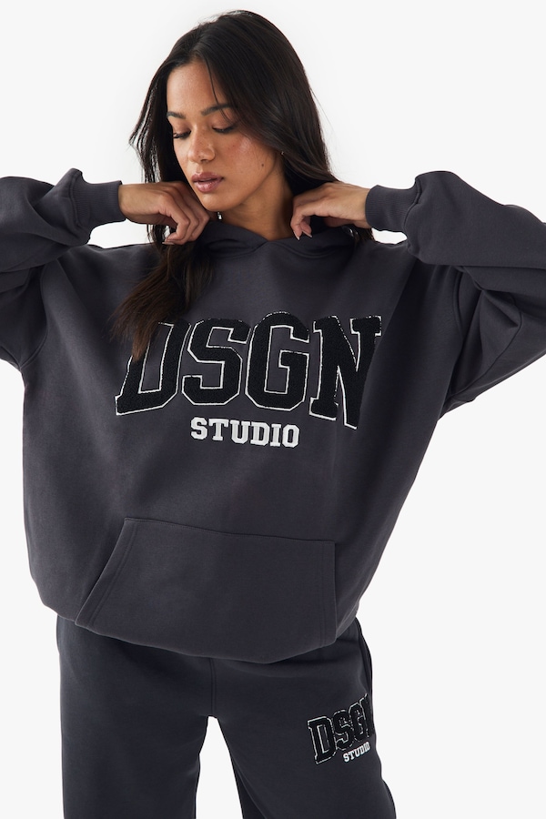 DSGN Studio DSGN Studio Towelling Applique Oversized Hoodie Charcoal