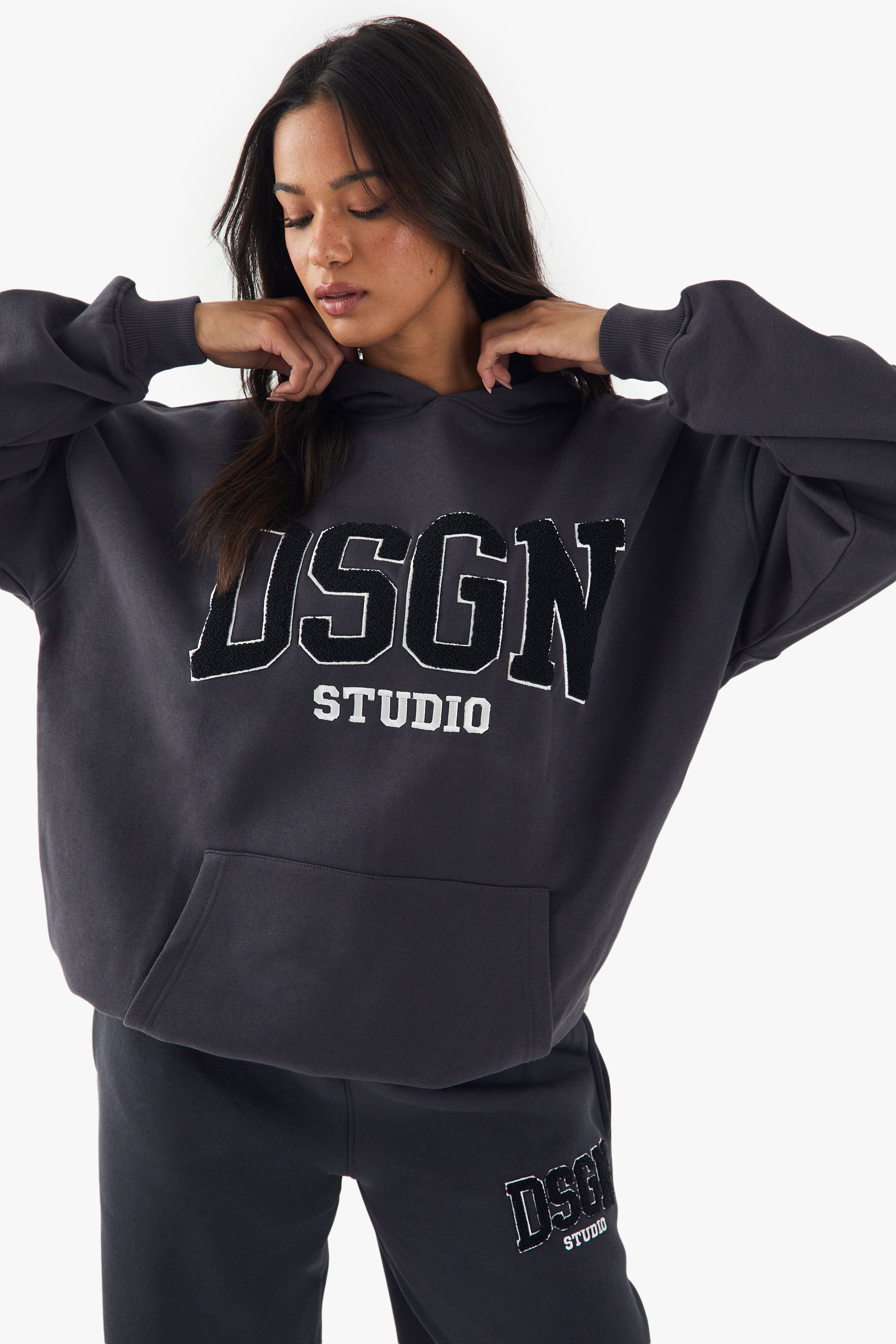 DSGN Studio DSGN Studio Towelling Applique Oversized Hoodie Charcoal