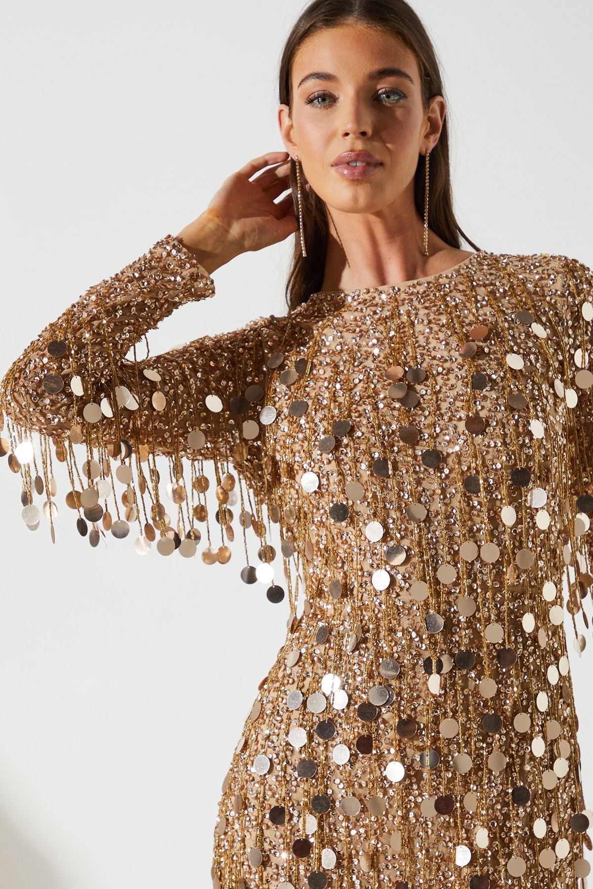 Coast Sequin Long Sleeve Midi Dress Gold image 4