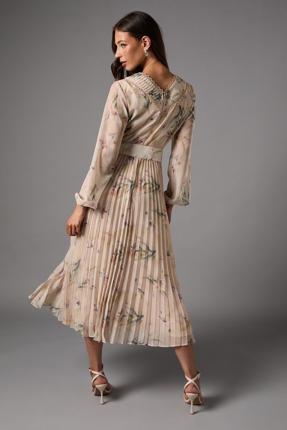 Coast Long Sleeve V Neck Pleated Midi Dress With Belt Nude image 3