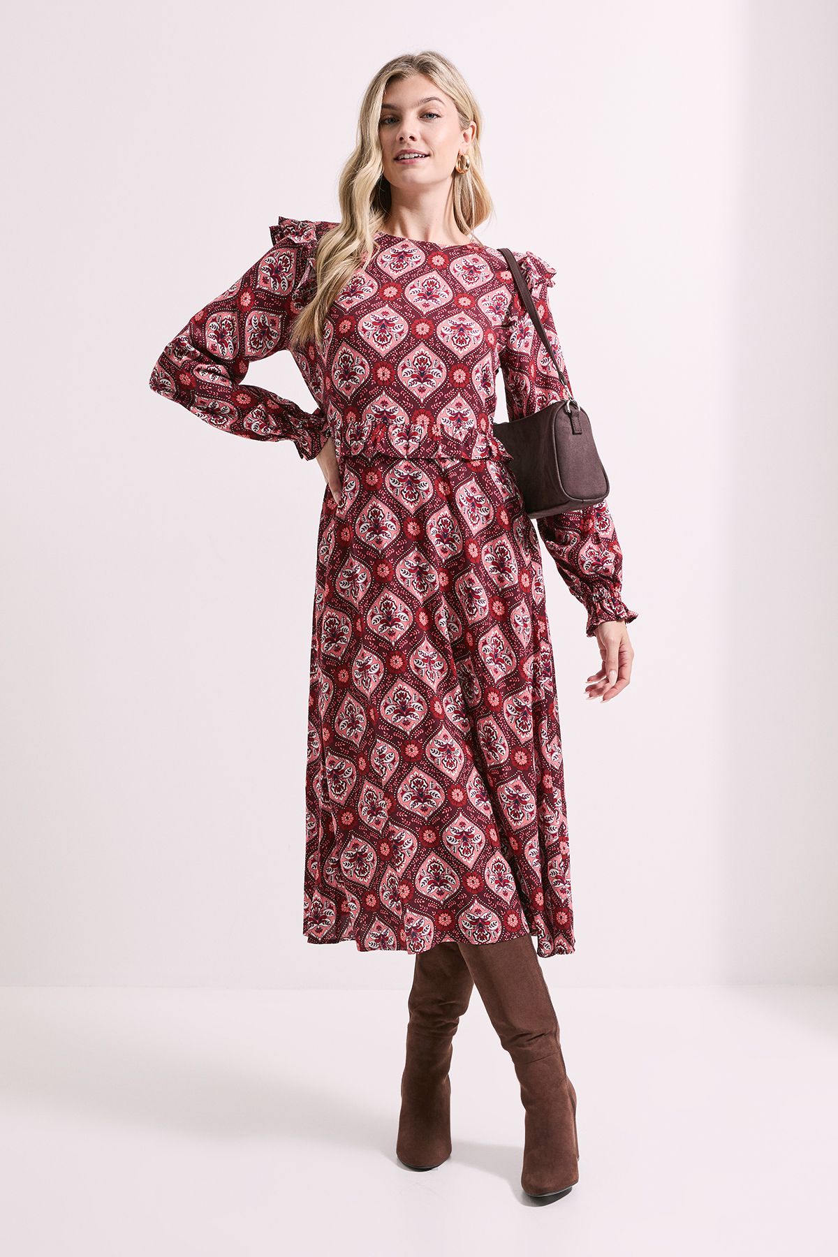 Dorothy Perkins Frill Detail Long Sleeve Midi Dress Multi