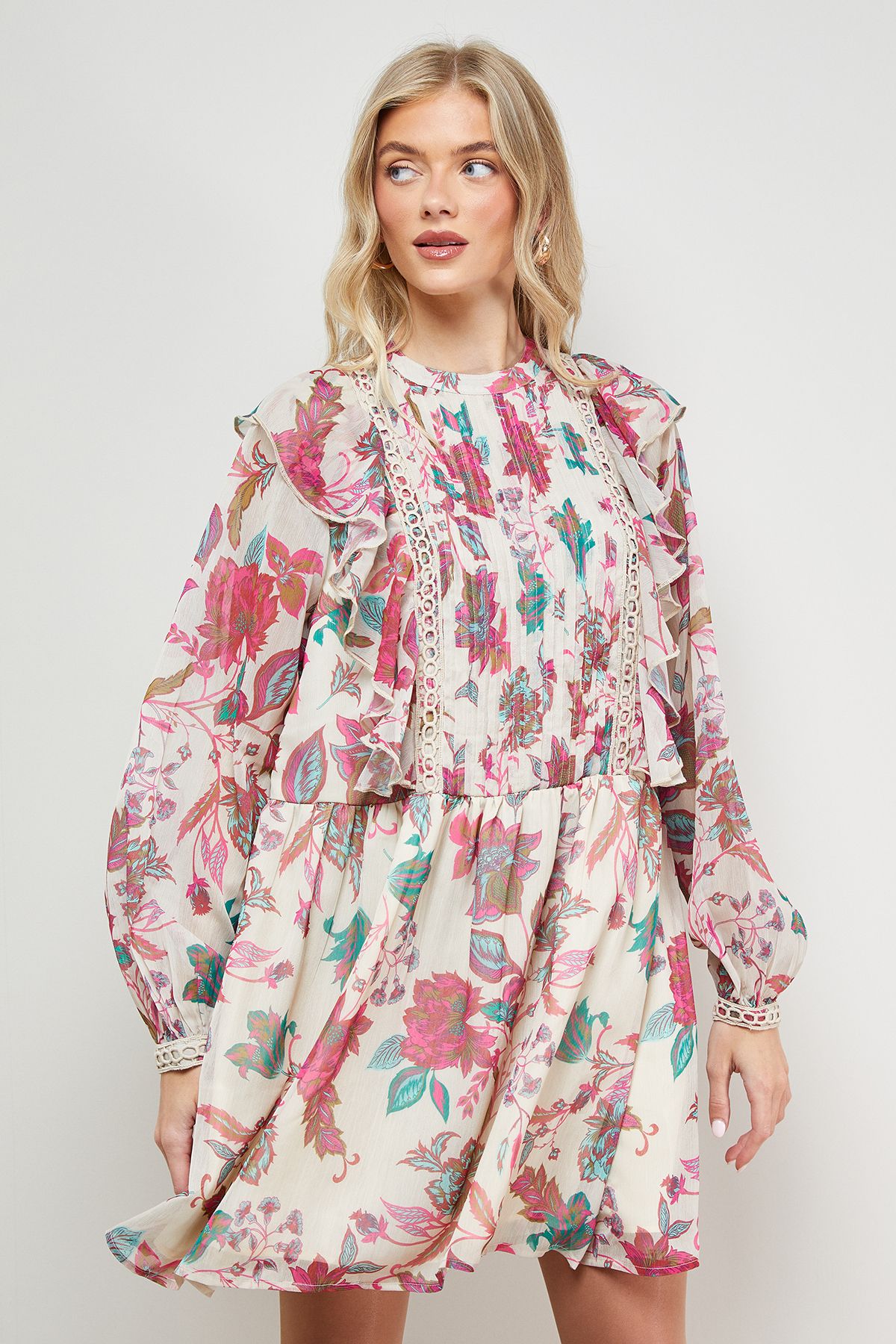 Oasis Printed Frill Detail Chiffon Mini Dress Floral image 2