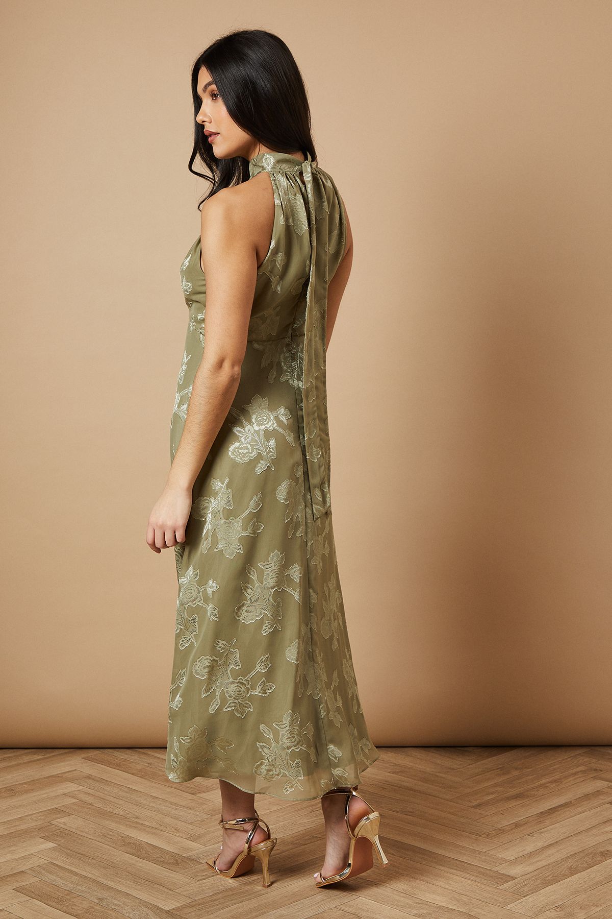 Oasis Plain Satin Burnout Halterneck Midi Dress Olive image 3