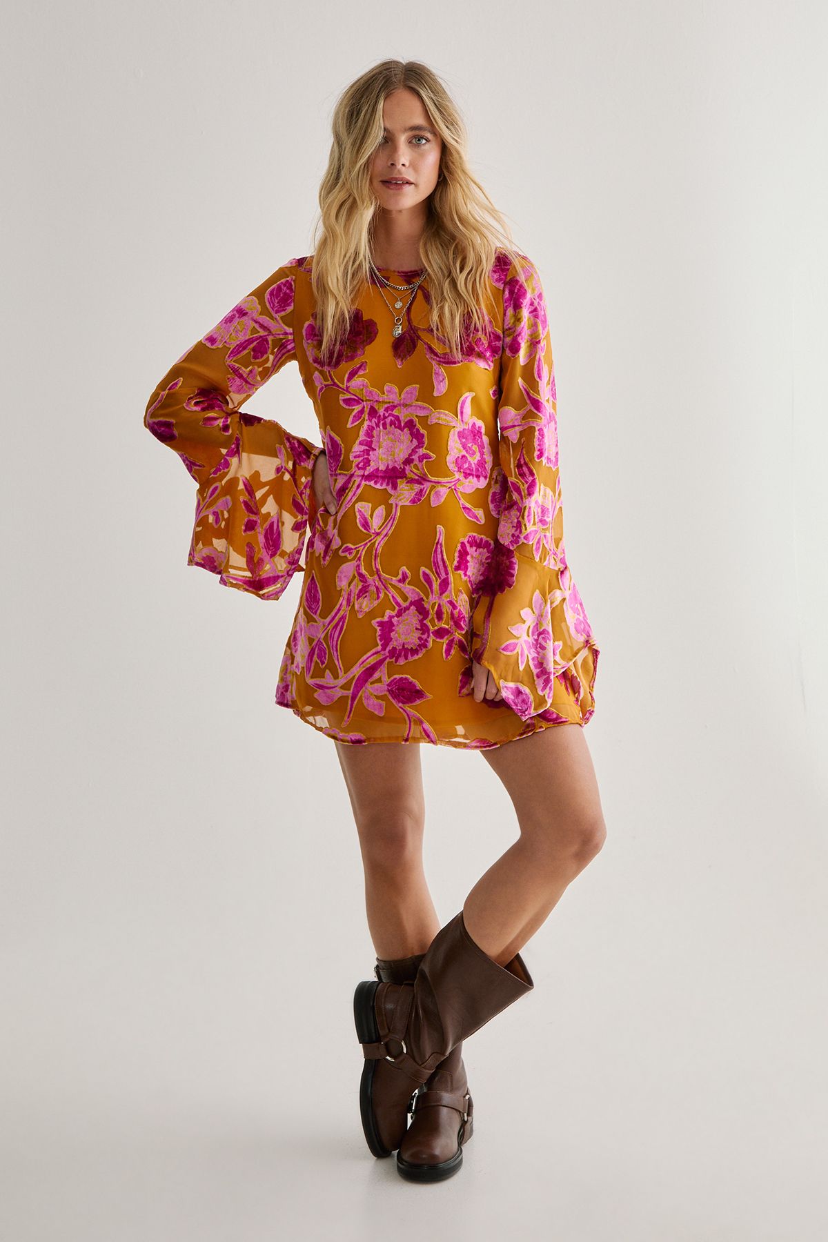 NastyGal Floral Devore Fluted Sleeve Tunic Mini Dress Mustard image 2
