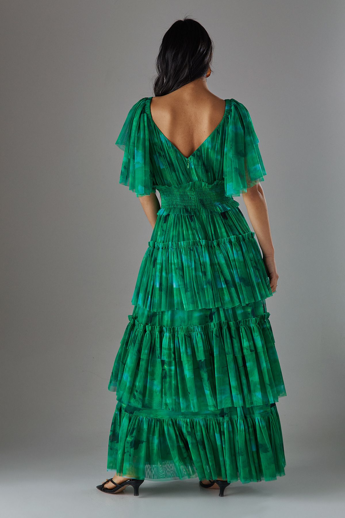 Warehouse Petite Tulle Floral Plunge Neck Flutter Sleeve Tier Maxi Dress Green image 4