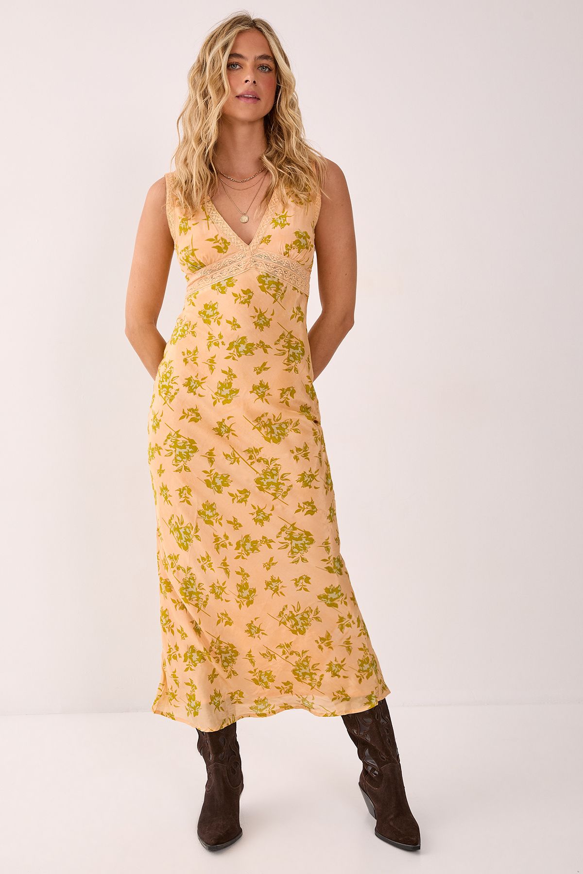 NastyGal Floral Lace Insert Plunge Maxi Dress Beige image 3