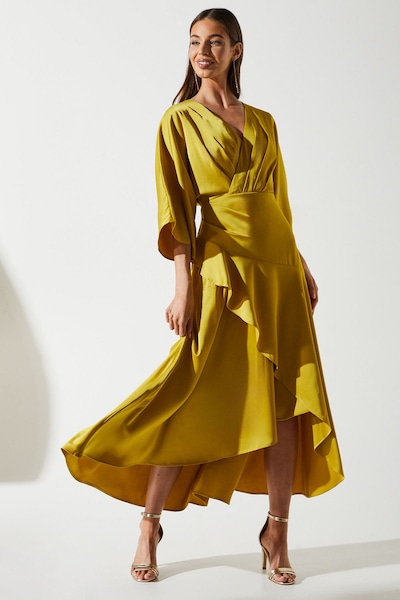 Coast Satin Back Crepe Ruffle Wrap Midi Dress Olive